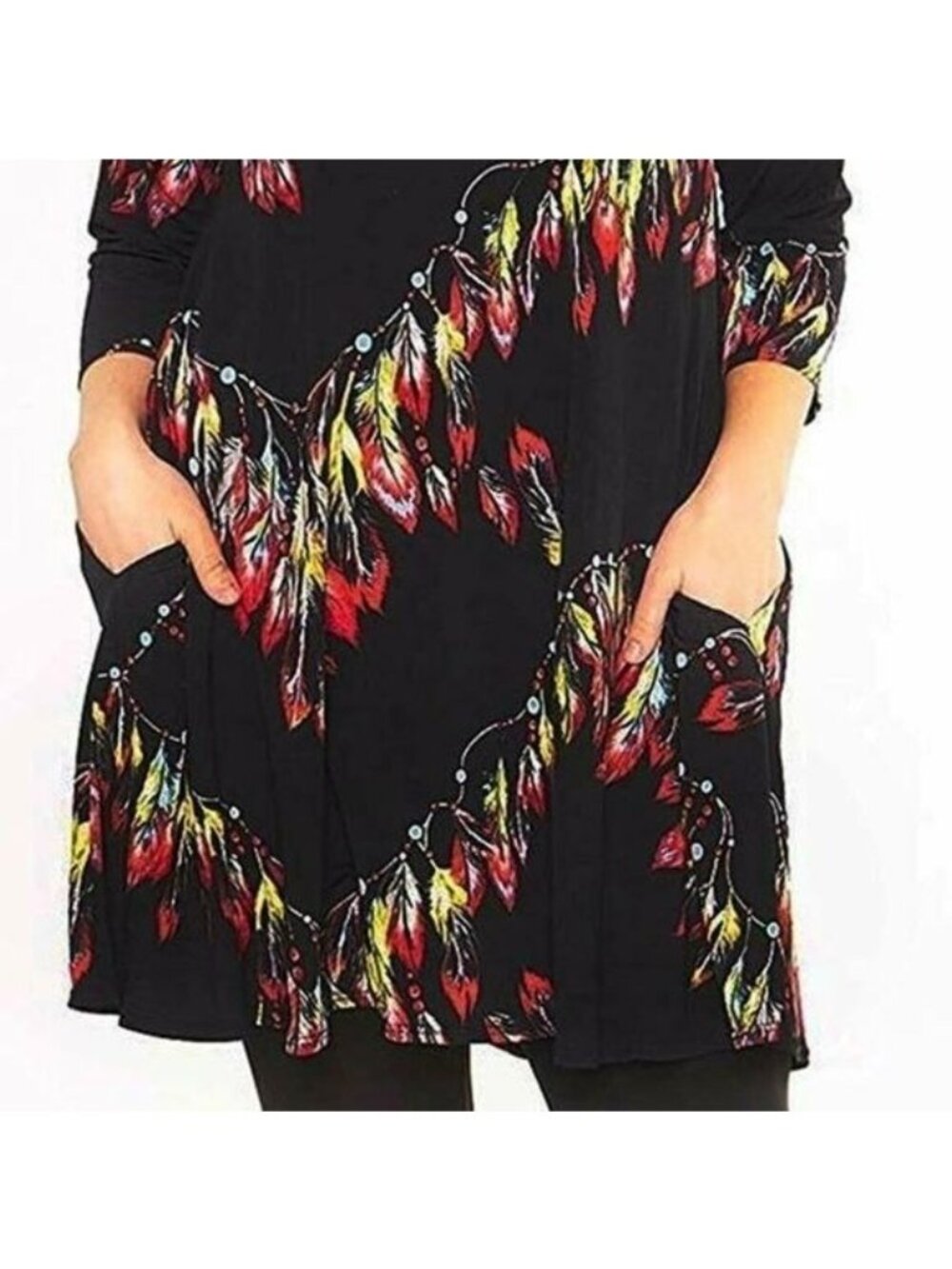 NEW Women's PLUS Size 2X Colorful Artsy Feather Boho Southwestern Tunic Dress - Picture 2 of 4